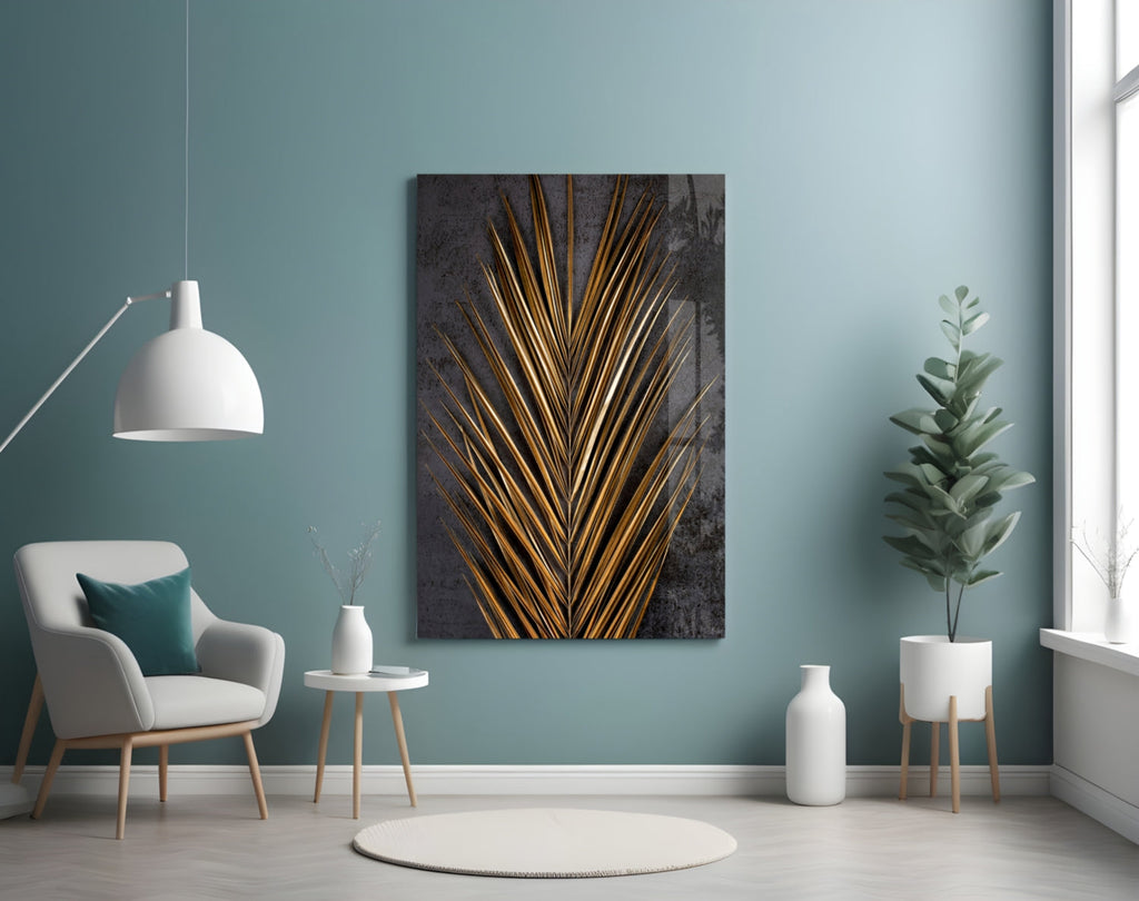 Golden Bronze Palm Frond Areca Bunch Glass Wall Art