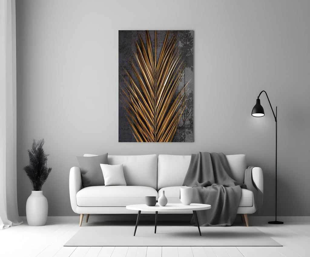 Golden Bronze Palm Frond Areca Bunch Glass Wall Art