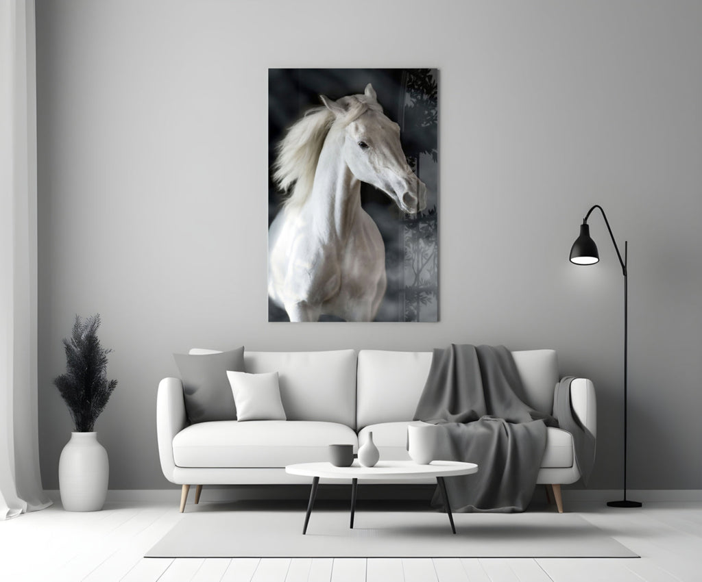 Flowing Mane White Stallion Glass Wall Art