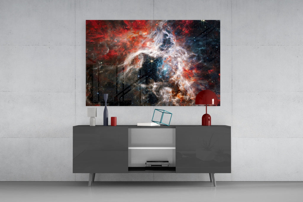 Red Cosmic Cloud Nebula Glass Wall Art