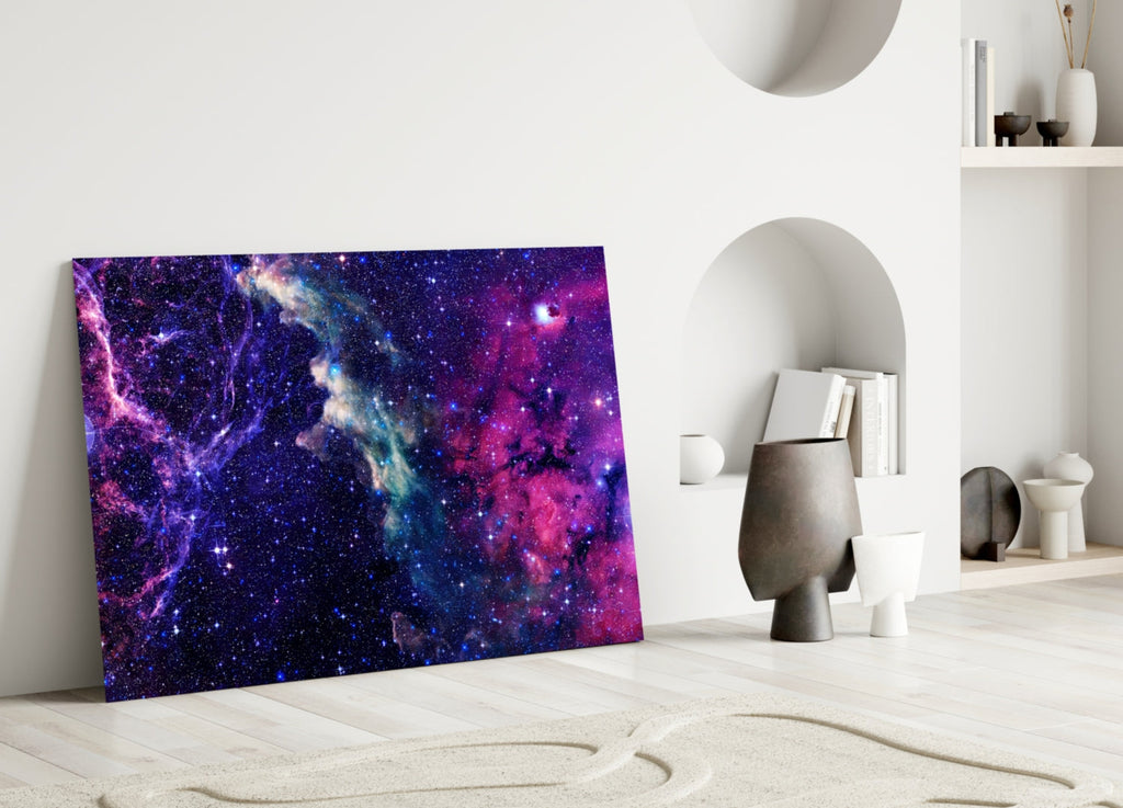 Deep Blue Violet Cosmic Nebula Clouds Glass Wall Art