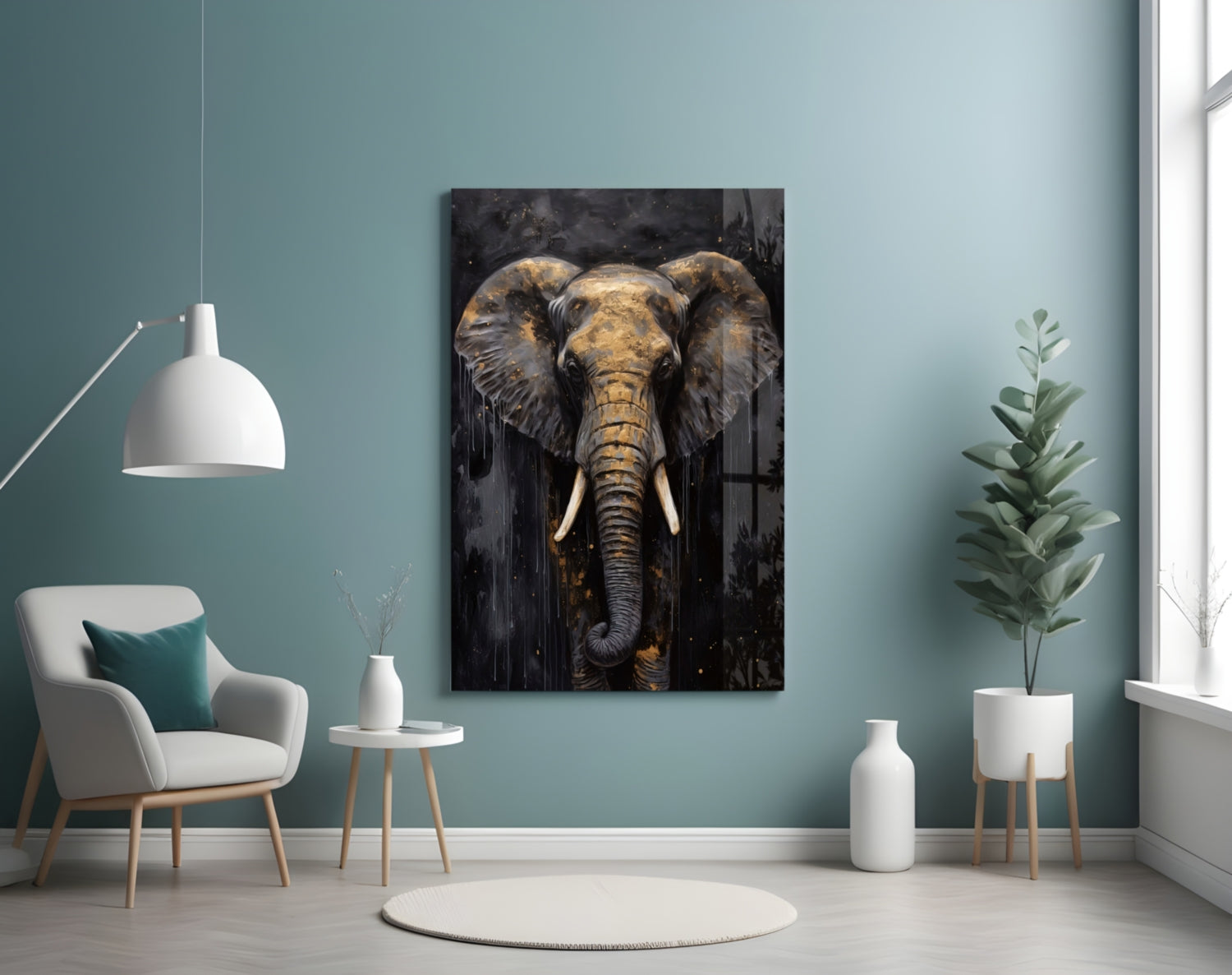 Gold Leaf Elephant Head Black Glass Wall Art