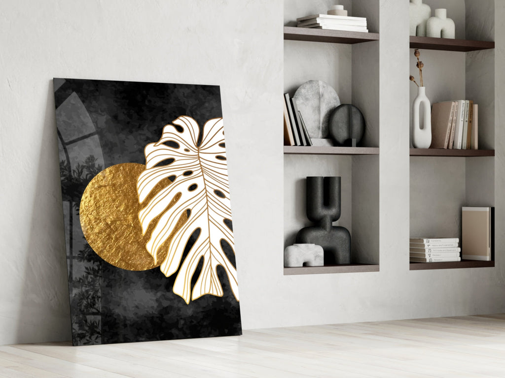 Gold Sun and Side Monstera Leaf Art Glass Wall Art