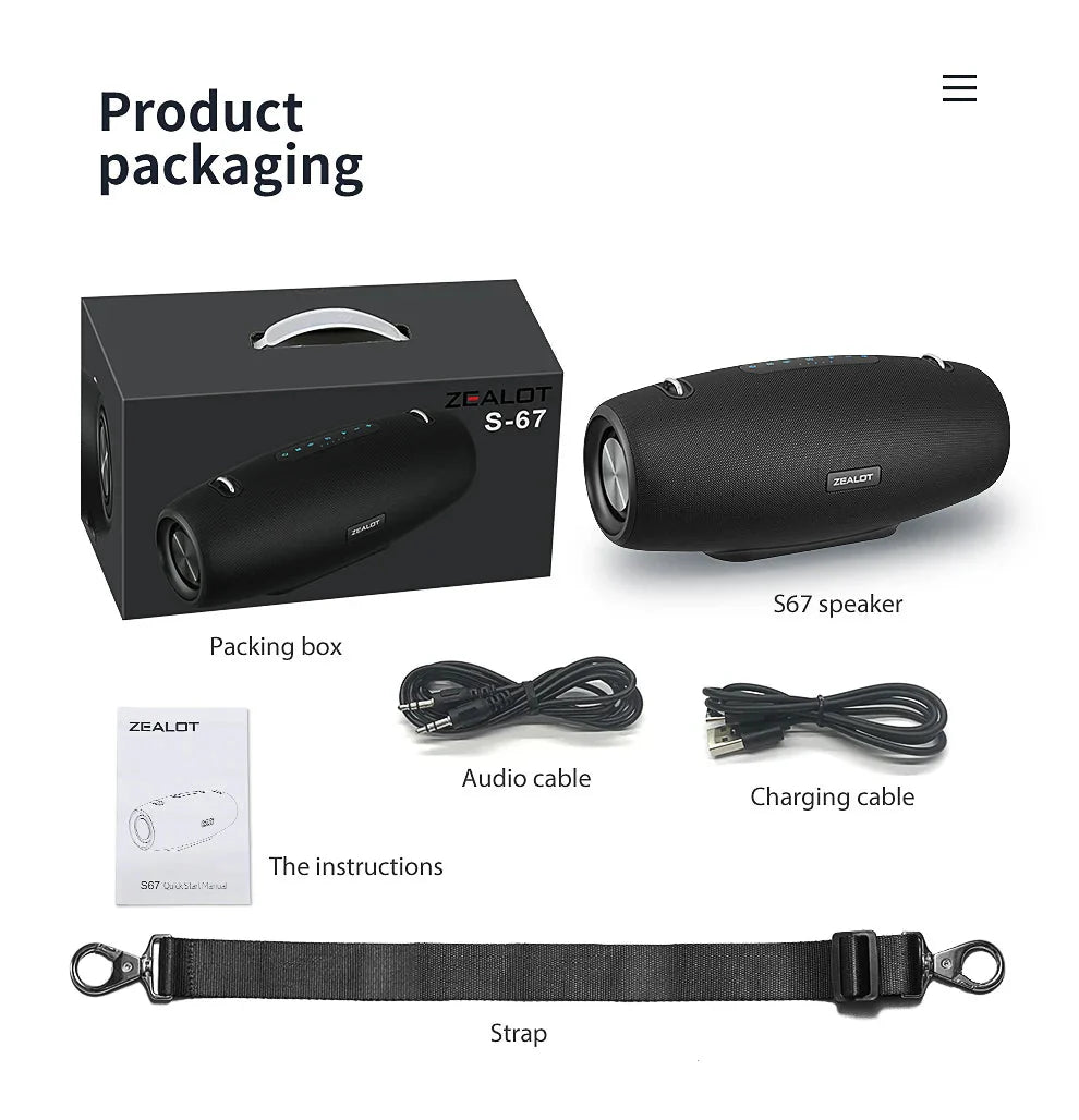 Zealot S67 Wireless Speaker WithShoulder Strap,Outdoor,Waterproof,Portable Speaker with Loud Stero and Booming Bass,40H Playtime - PhishStones Products