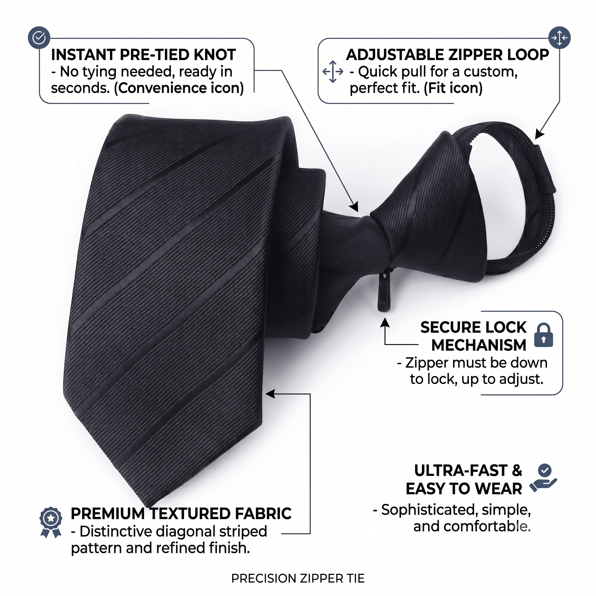 Zipper necktie Polyester Birthday Graduation Gifting Idea Adjustable Pre-Tied Neckwear